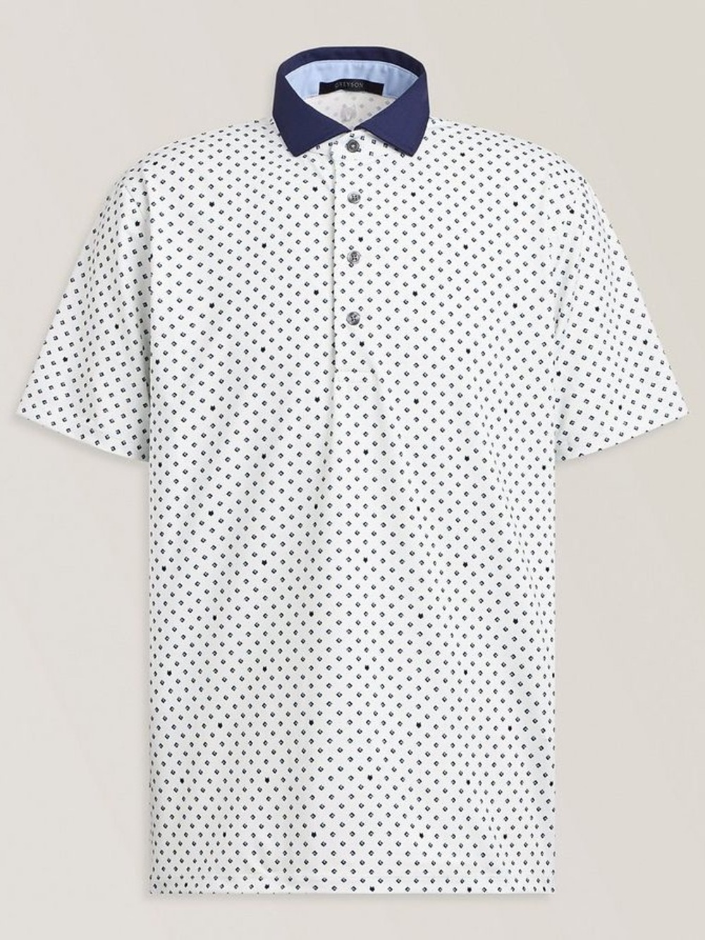 Greyson White Polo with Navy Contrast Collar and Micro Dot Print